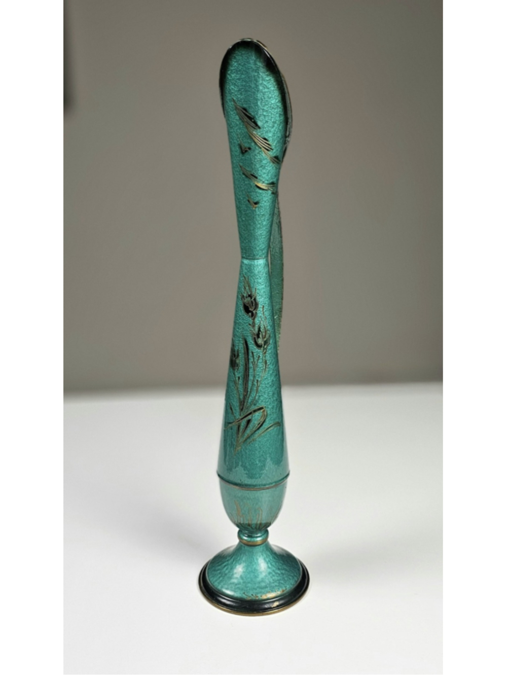 VTG MCM Israeli Enamel on Brass Bud Vase 14" Tall Turquoise Hand Painted Gold